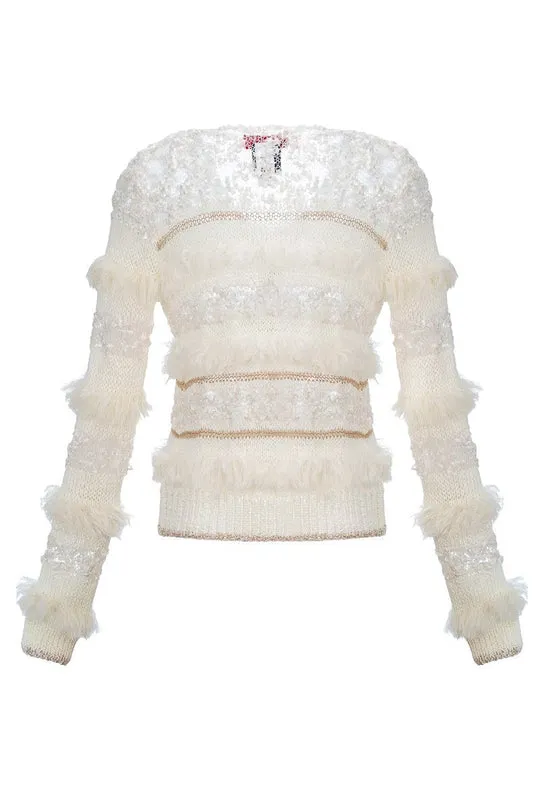 White Sundown Knit Sweater with Pearl Buttons