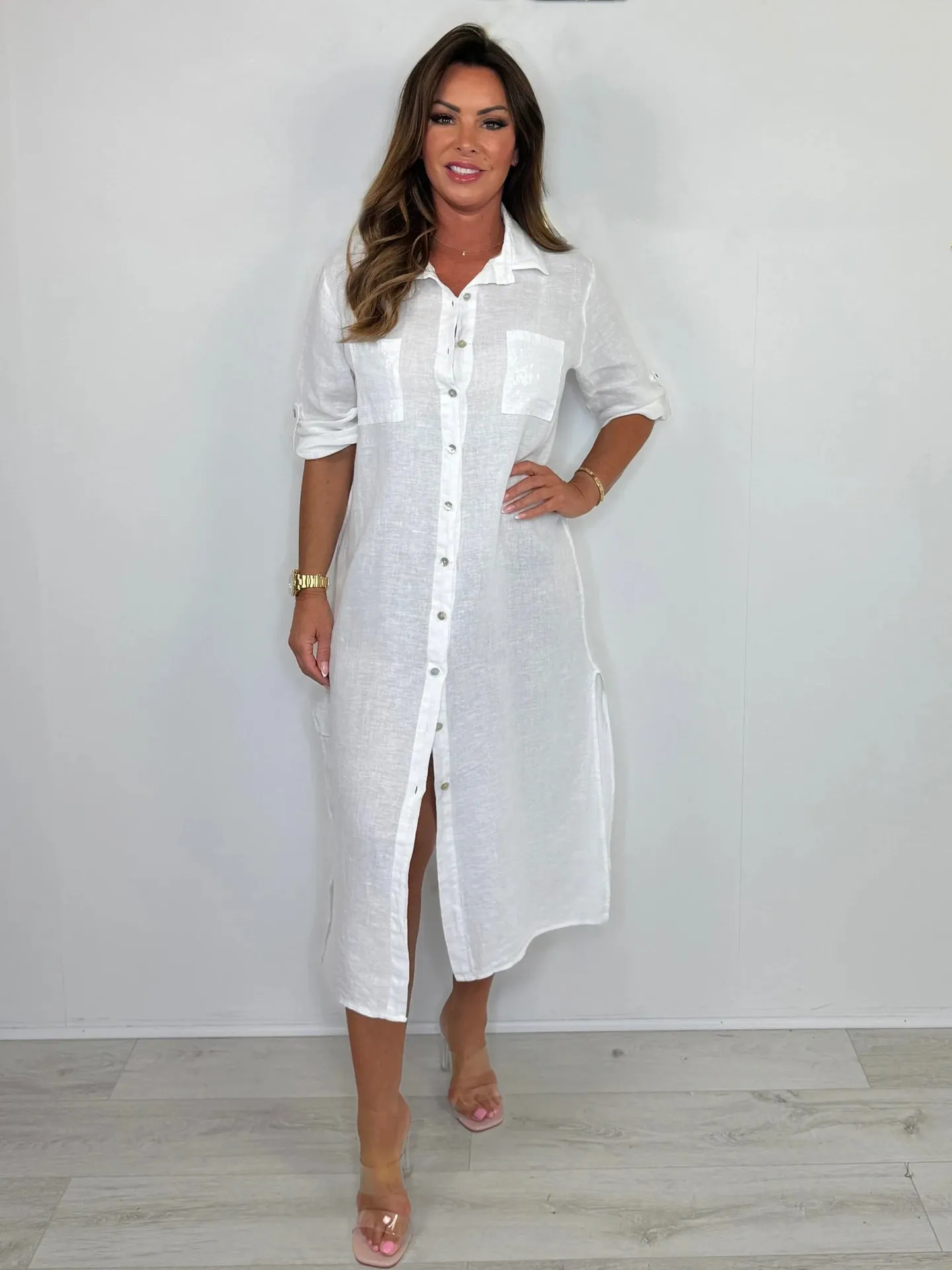 Women's Cotton And Linen Sequined Pocket Dress