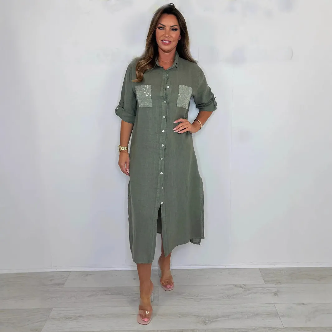 Women's Cotton And Linen Sequined Pocket Dress
