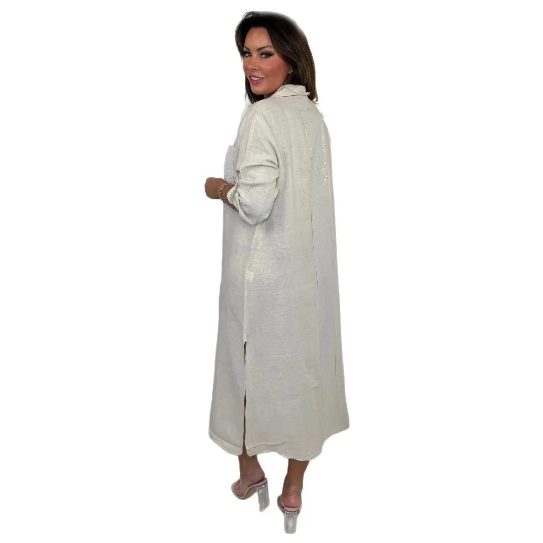 Women's Cotton And Linen Sequined Pocket Dress