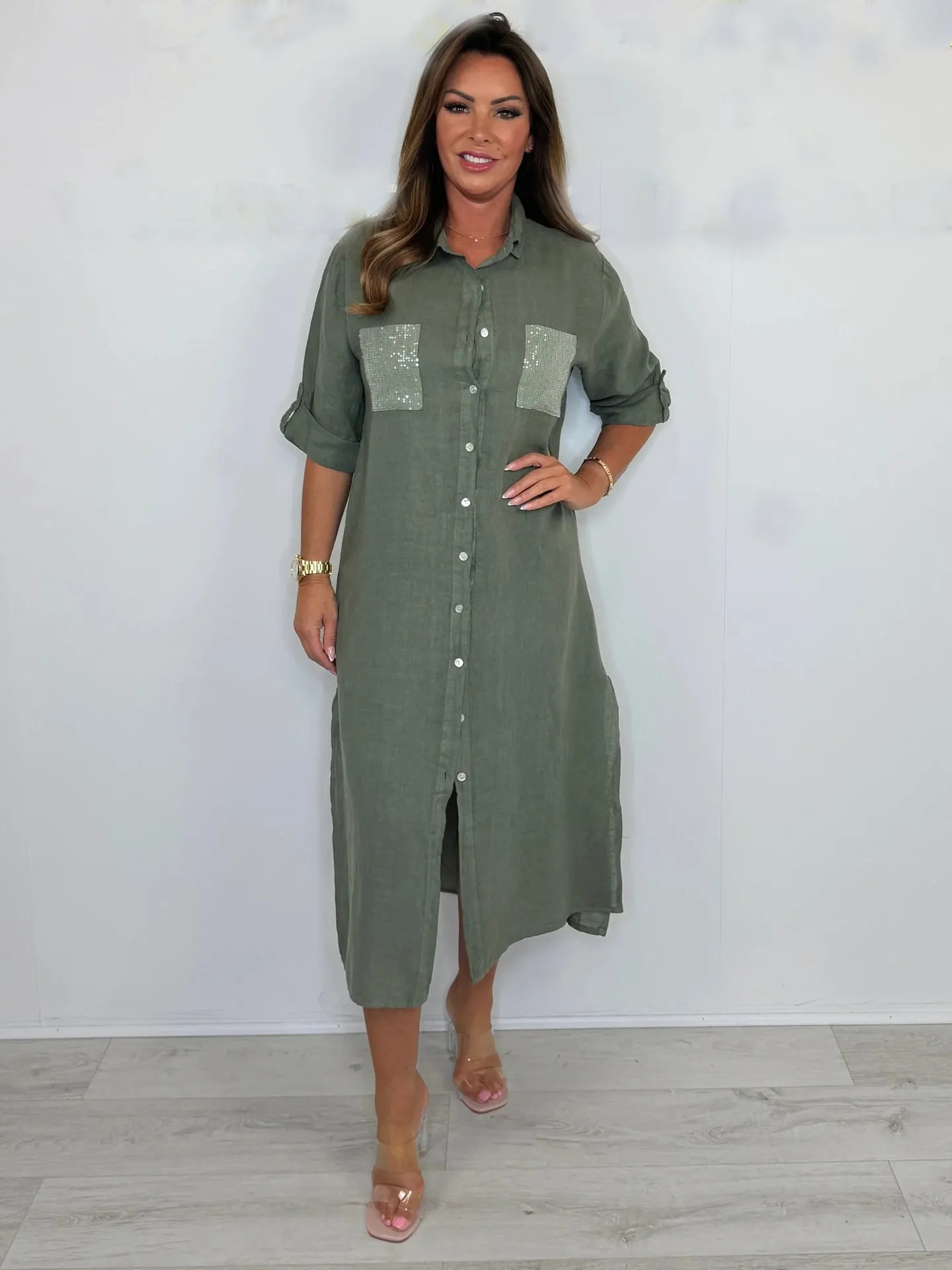 Women's Cotton And Linen Sequined Pocket Dress