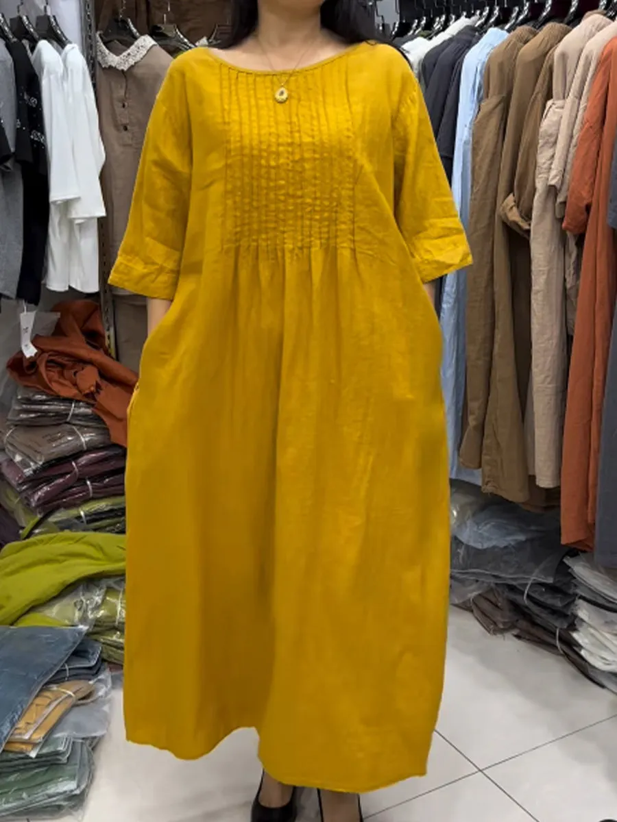 Women's Pleating Pocket Cotton and Linen Dress