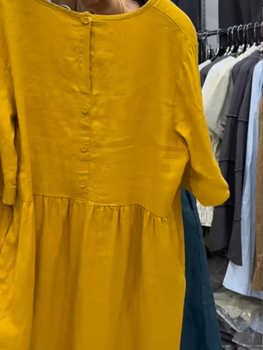 Women's Pleating Pocket Cotton and Linen Dress