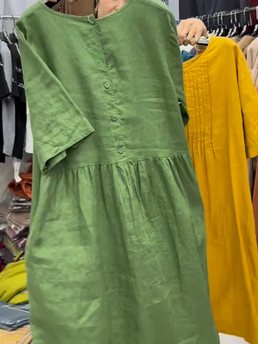 Women's Pleating Pocket Cotton and Linen Dress