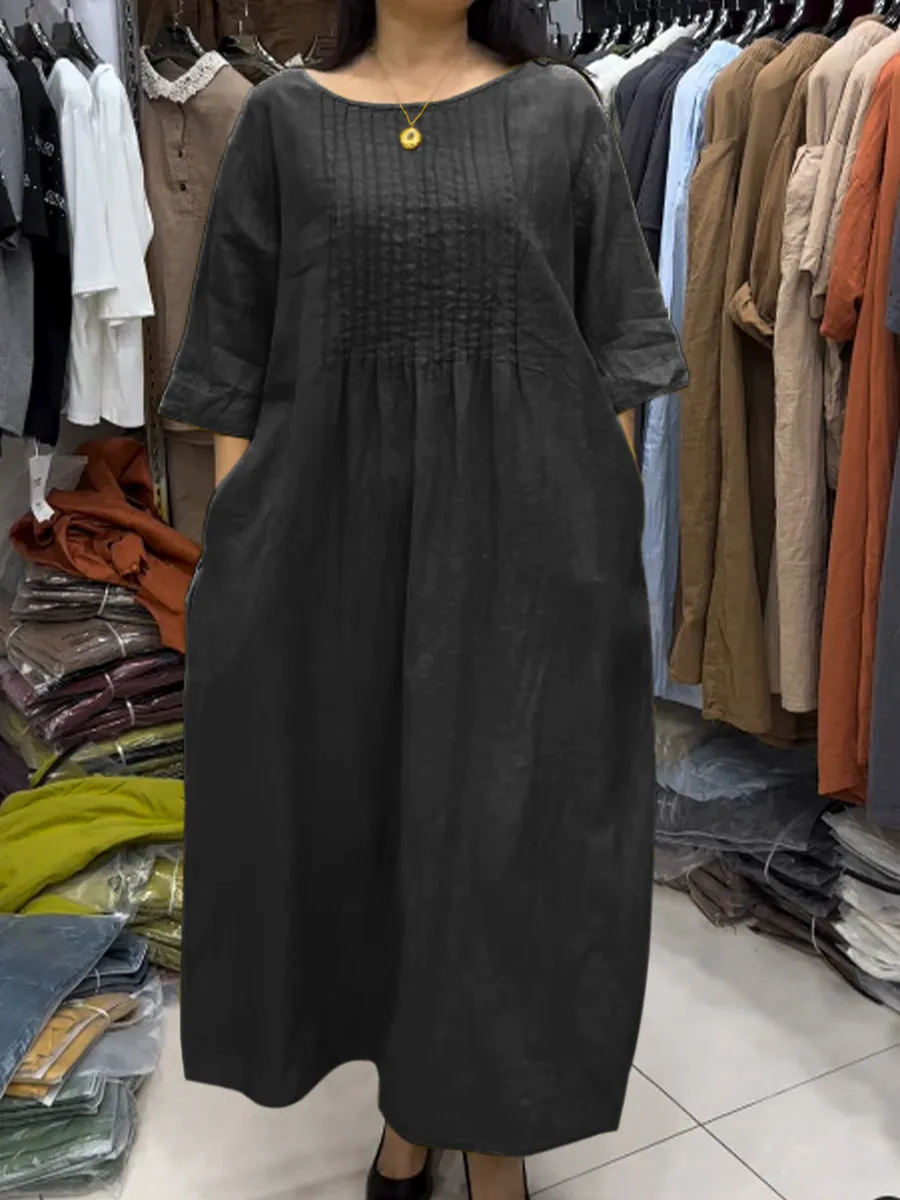 Women's Pleating Pocket Cotton and Linen Dress