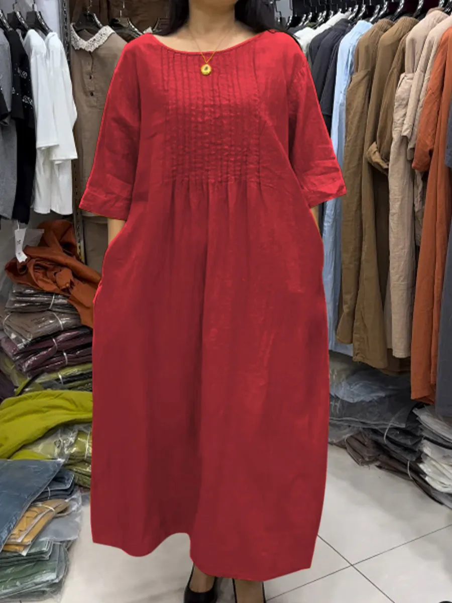 Women's Pleating Pocket Cotton and Linen Dress