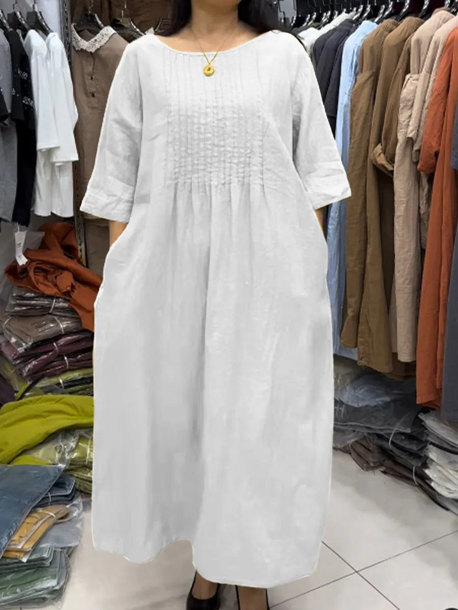 Women's Pleating Pocket Cotton and Linen Dress