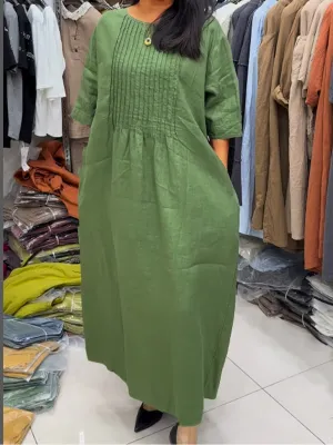 Women's Pleating Pocket Cotton and Linen Dress