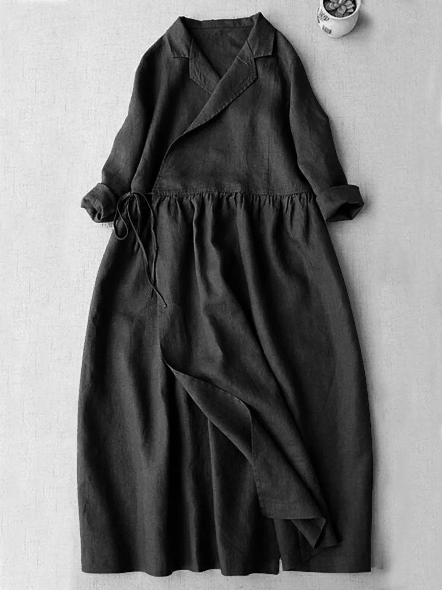 Women's V-Neck Cotton And Linen Pocket Wrap Dress