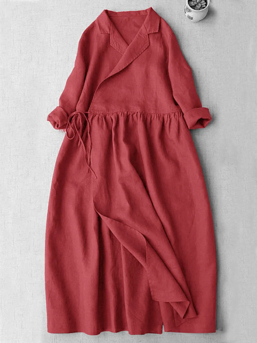 Women's V-Neck Cotton And Linen Pocket Wrap Dress