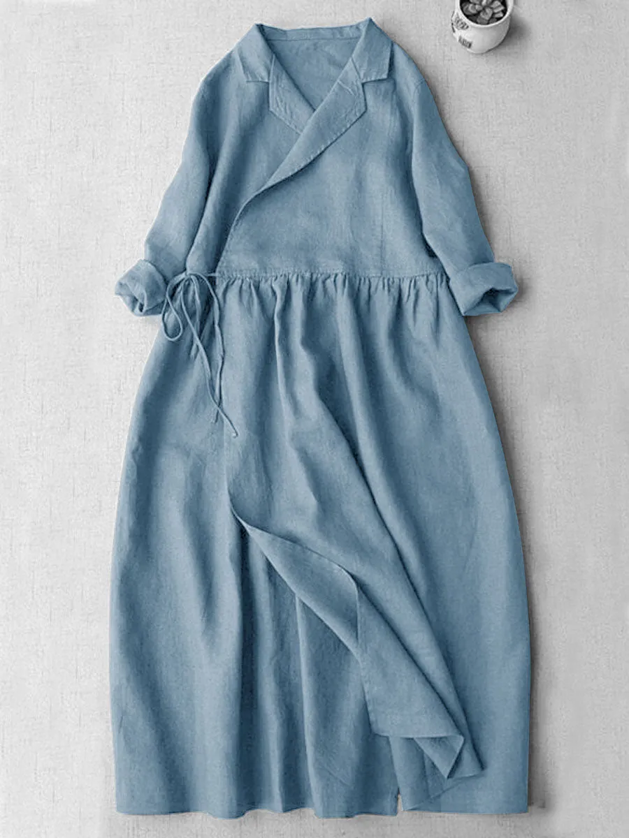 Women's V-Neck Cotton And Linen Pocket Wrap Dress