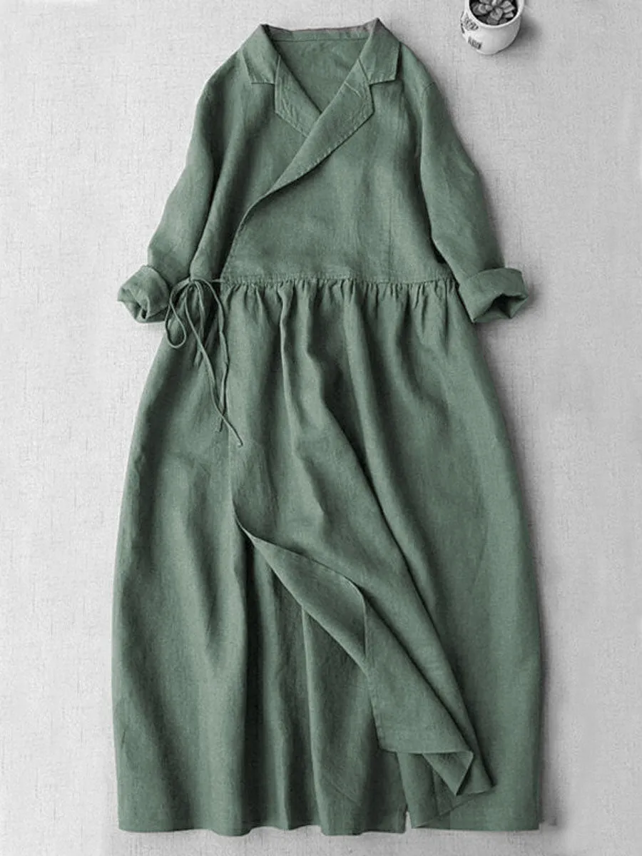 Women's V-Neck Cotton And Linen Pocket Wrap Dress