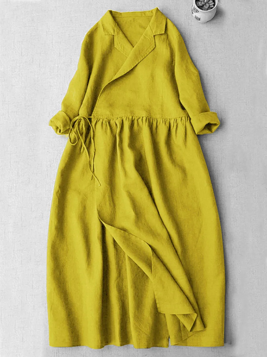 Women's V-Neck Cotton And Linen Pocket Wrap Dress