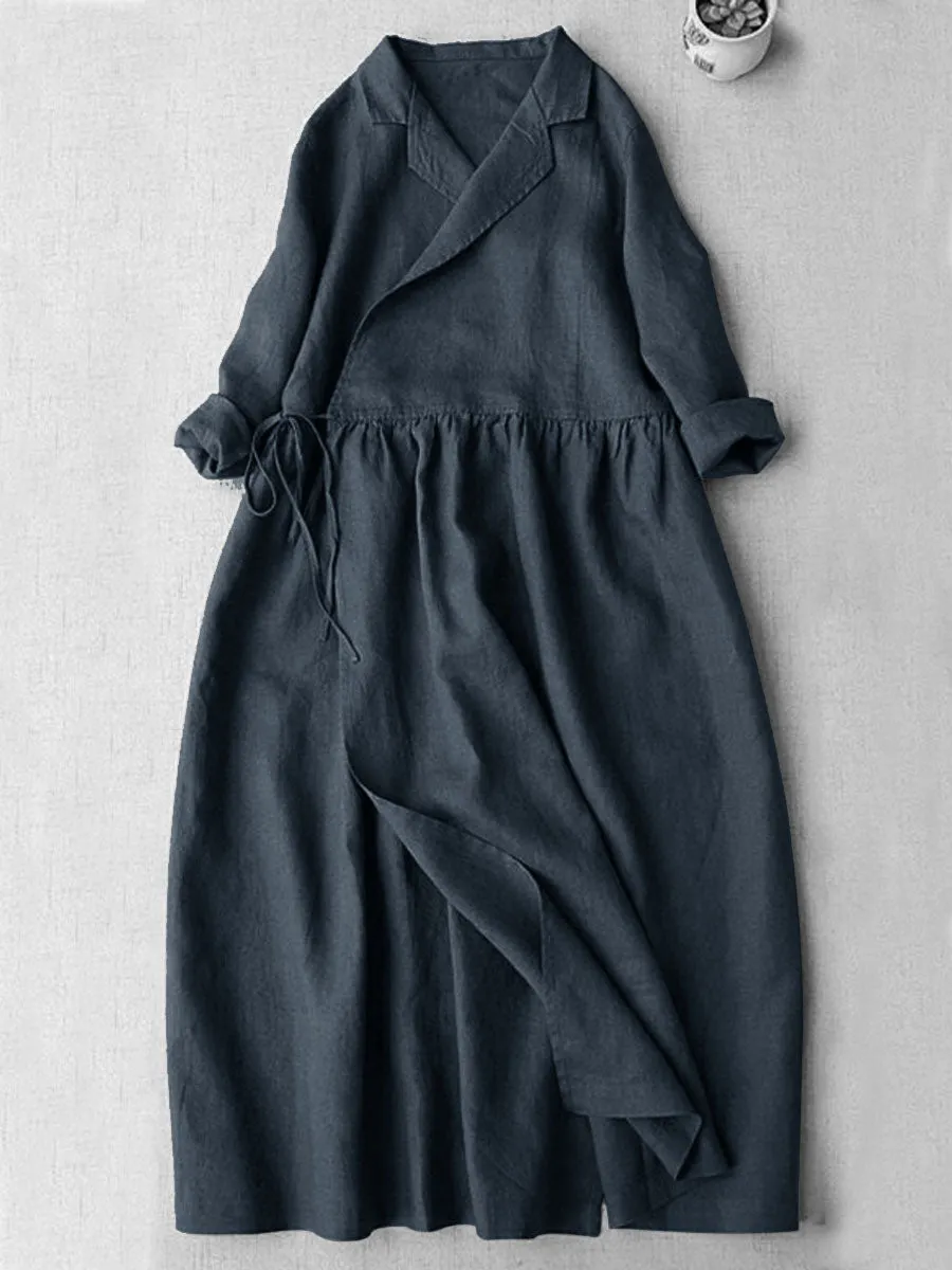 Women's V-Neck Cotton And Linen Pocket Wrap Dress
