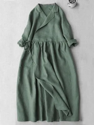 Women's V-Neck Cotton And Linen Pocket Wrap Dress