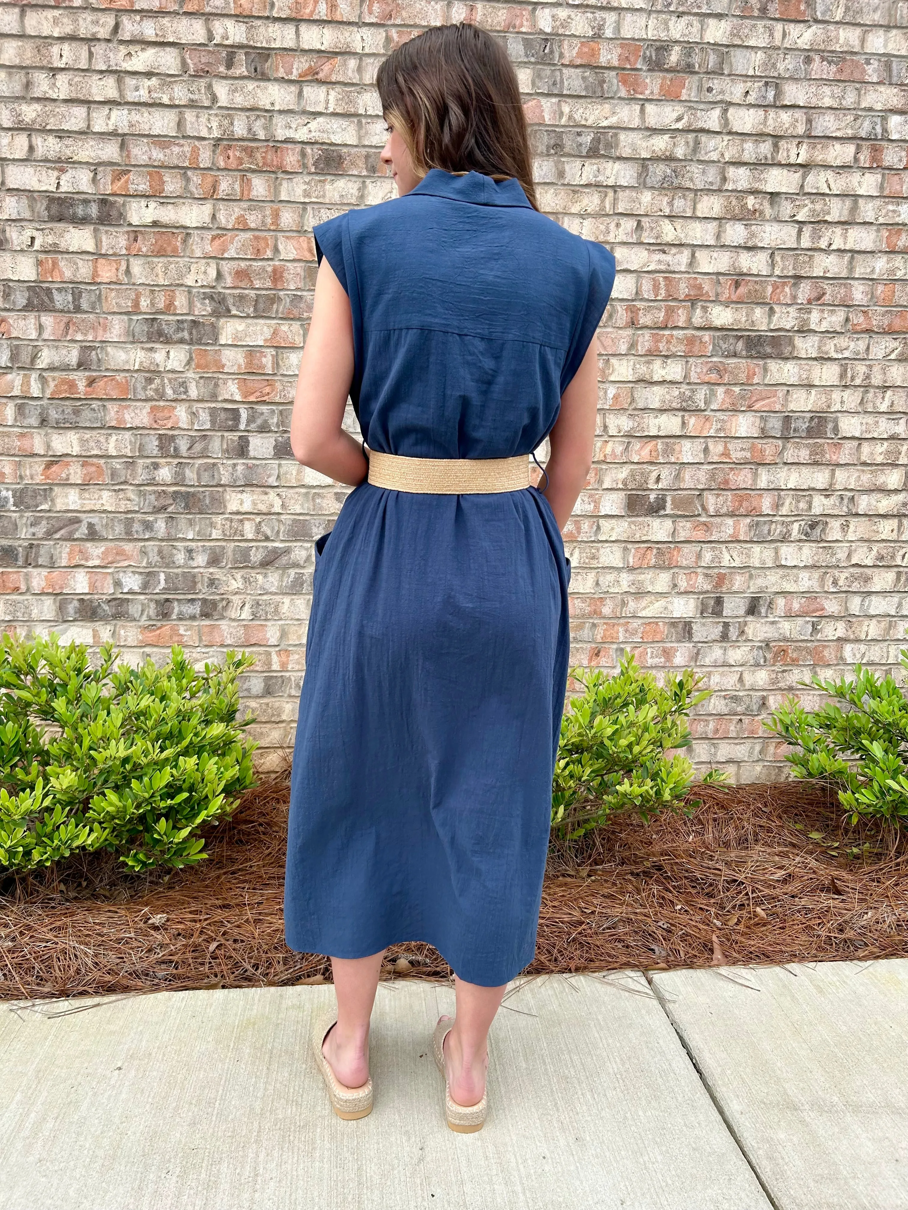 Work outside sleeveless midi dress