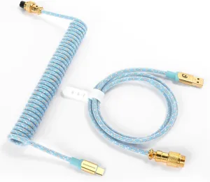 XINMENG Braided Coiled Keyboard Cable, Pro Custom USB-C Double-Sleeved Type-C to USB-A with Detachable Metal Aviation Connect - Light Blue- damaged box and taped