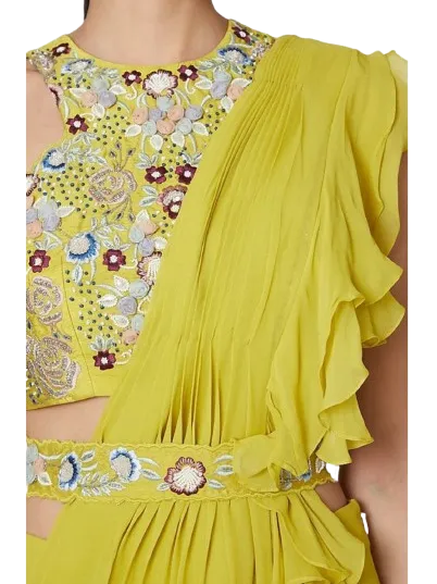Yellow Embroidered Sharara Set With Drape & Belt