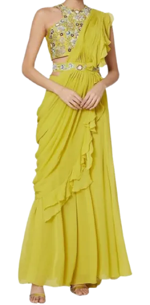 Yellow Embroidered Sharara Set With Drape & Belt