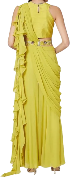 Yellow Embroidered Sharara Set With Drape & Belt