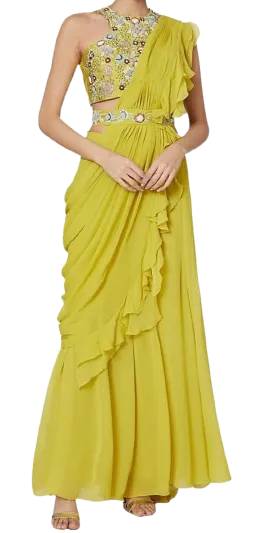 Yellow Embroidered Sharara Set With Drape & Belt