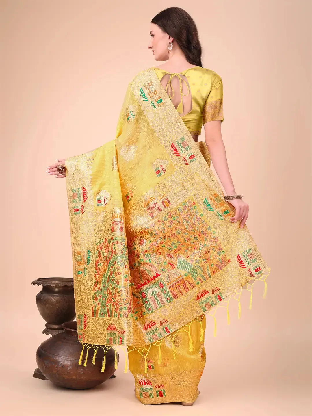Yellow Linen Cotton Saree