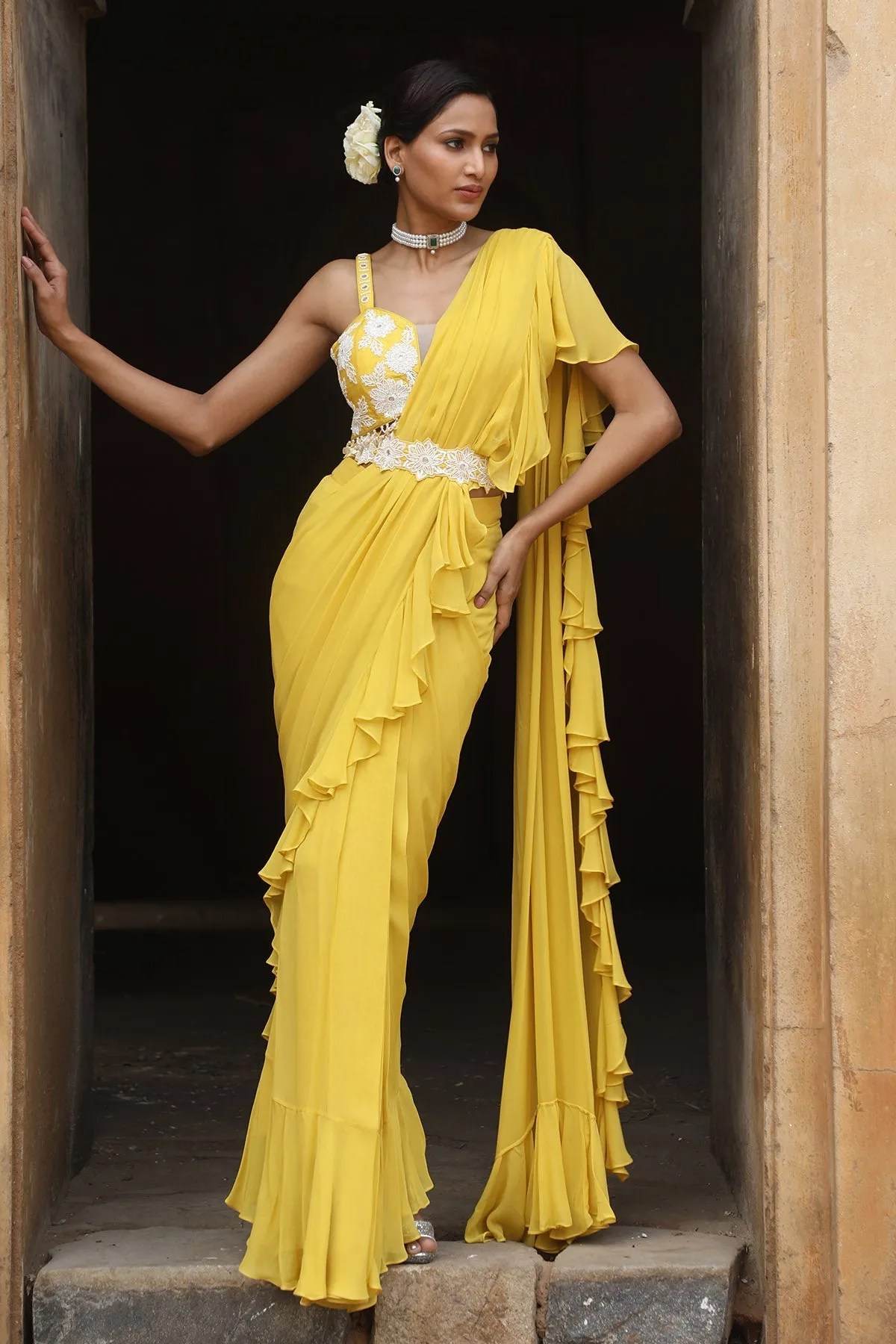 Yellow Pre-Draped Frill Saree