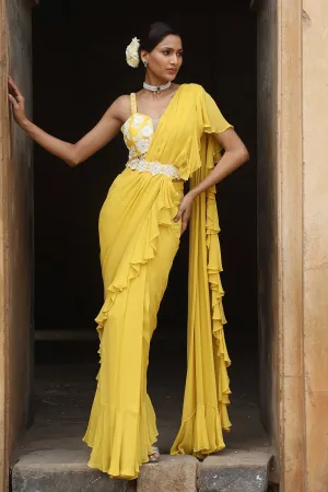 Yellow Pre-Draped Frill Saree