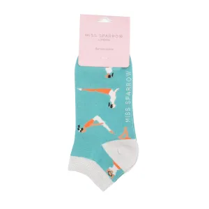 Yoga Poses Bamboo Trainer Socks in Duck Egg by Miss Sparrow, Size UK 4-7
