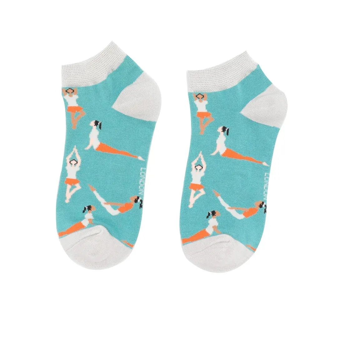 Yoga Poses Bamboo Trainer Socks in Duck Egg by Miss Sparrow, Size UK 4-7