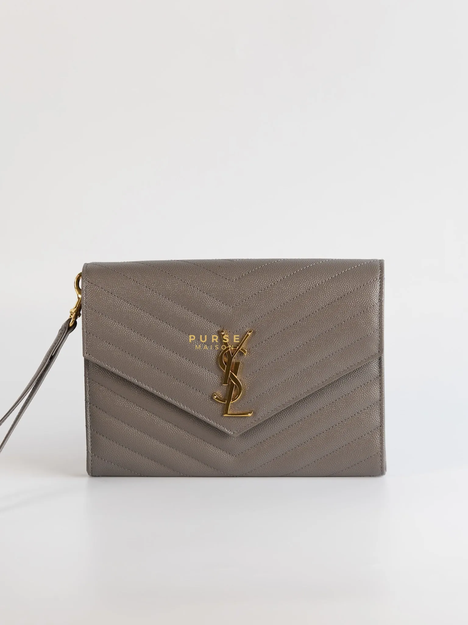 YSL Cassandre Matelasśe Flap Pouch Grey Gold Hardware