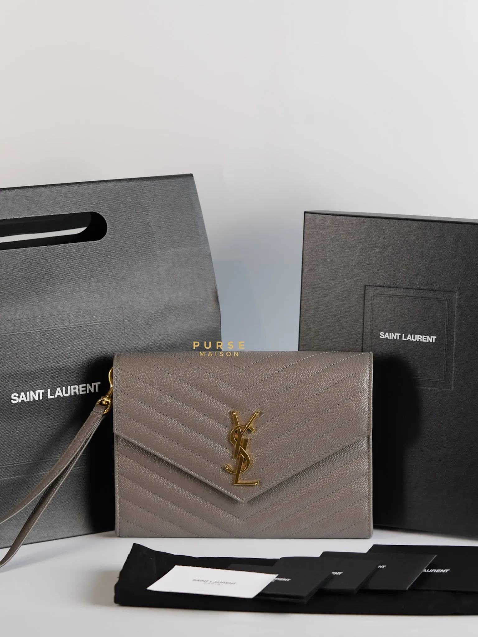 YSL Cassandre Matelasśe Flap Pouch Grey Gold Hardware